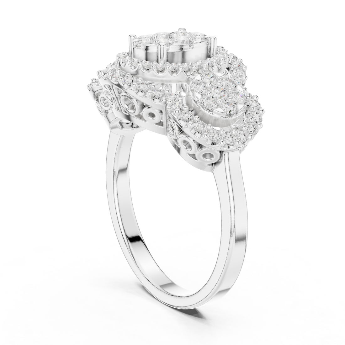 DDLR-453 - Halo Three Stone Round Ring - White Gold