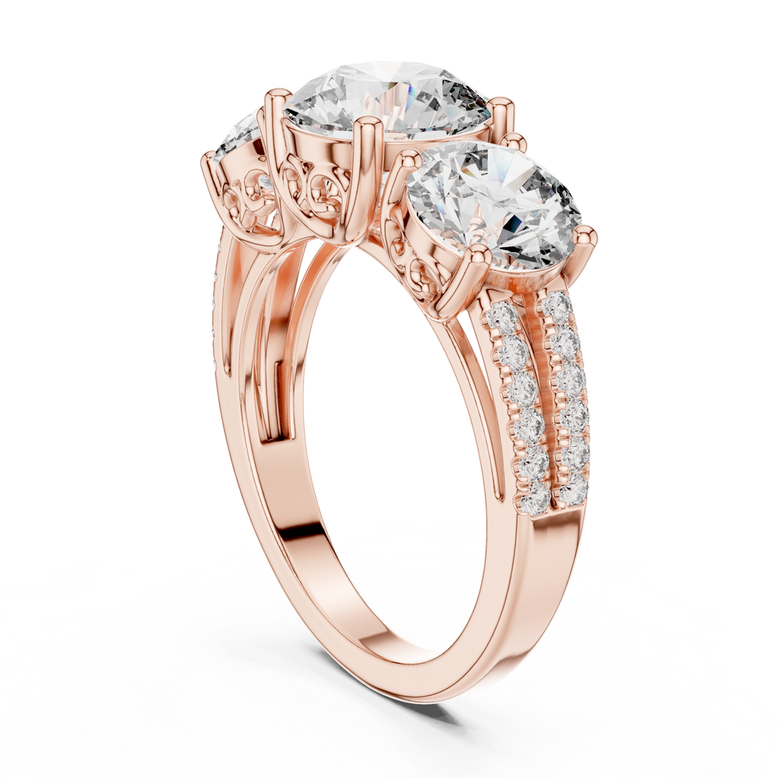 9#10052L - Three Stone Round Ring - White Gold
