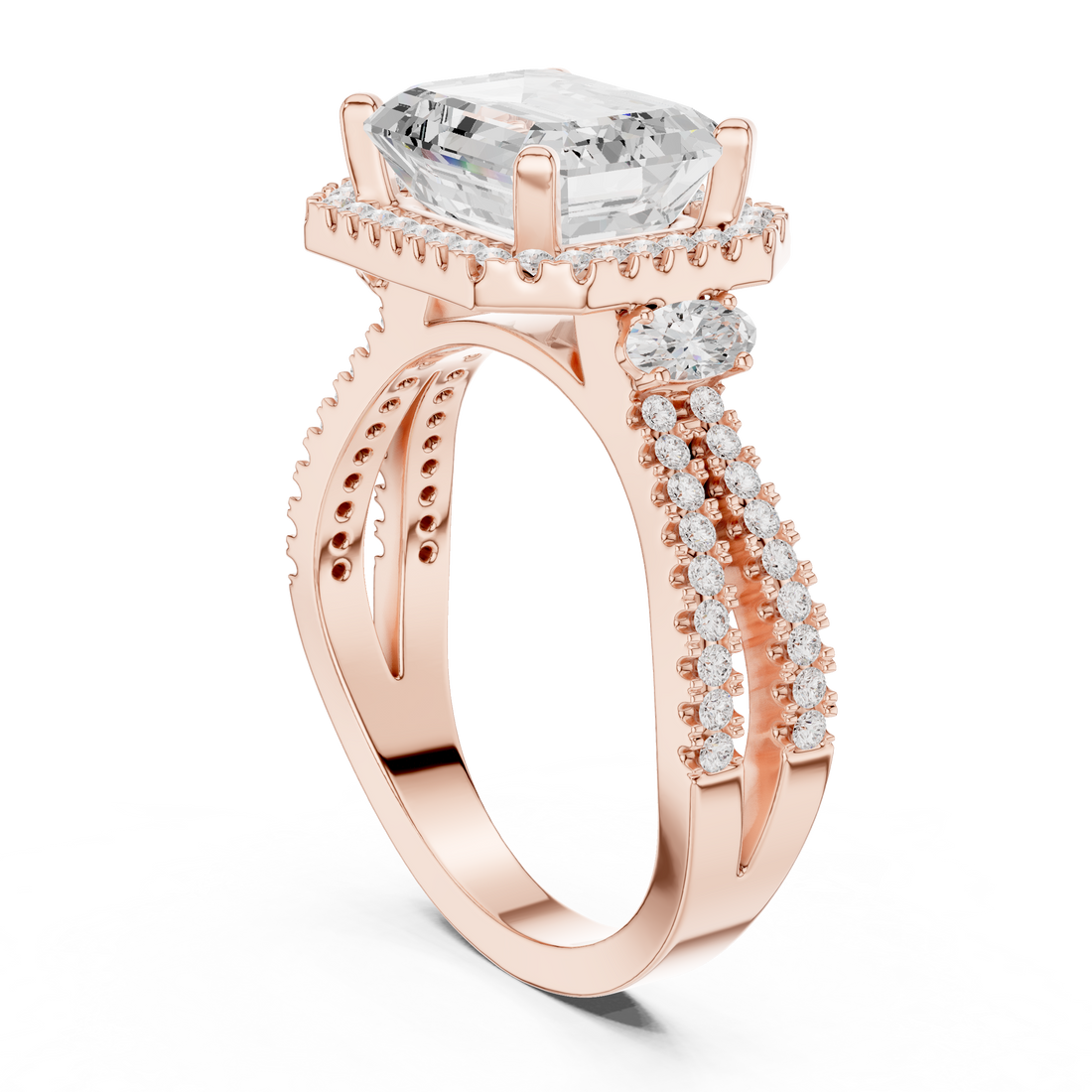 DDLR-339 - Halo Three Stone Emerald Ring - White Gold