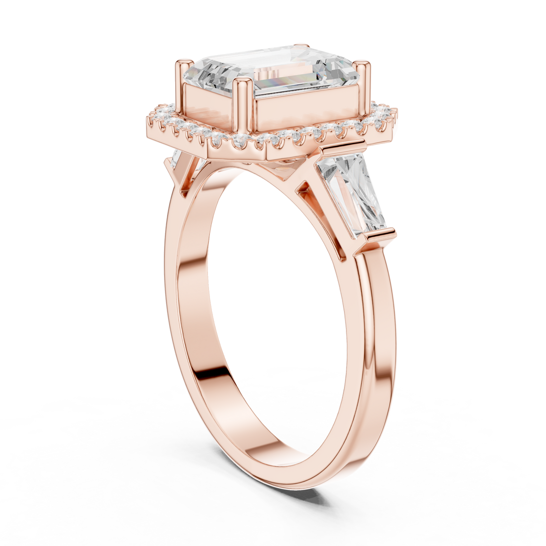 DDLR-342 EM - Halo Three Stone Emerald Ring - White Gold