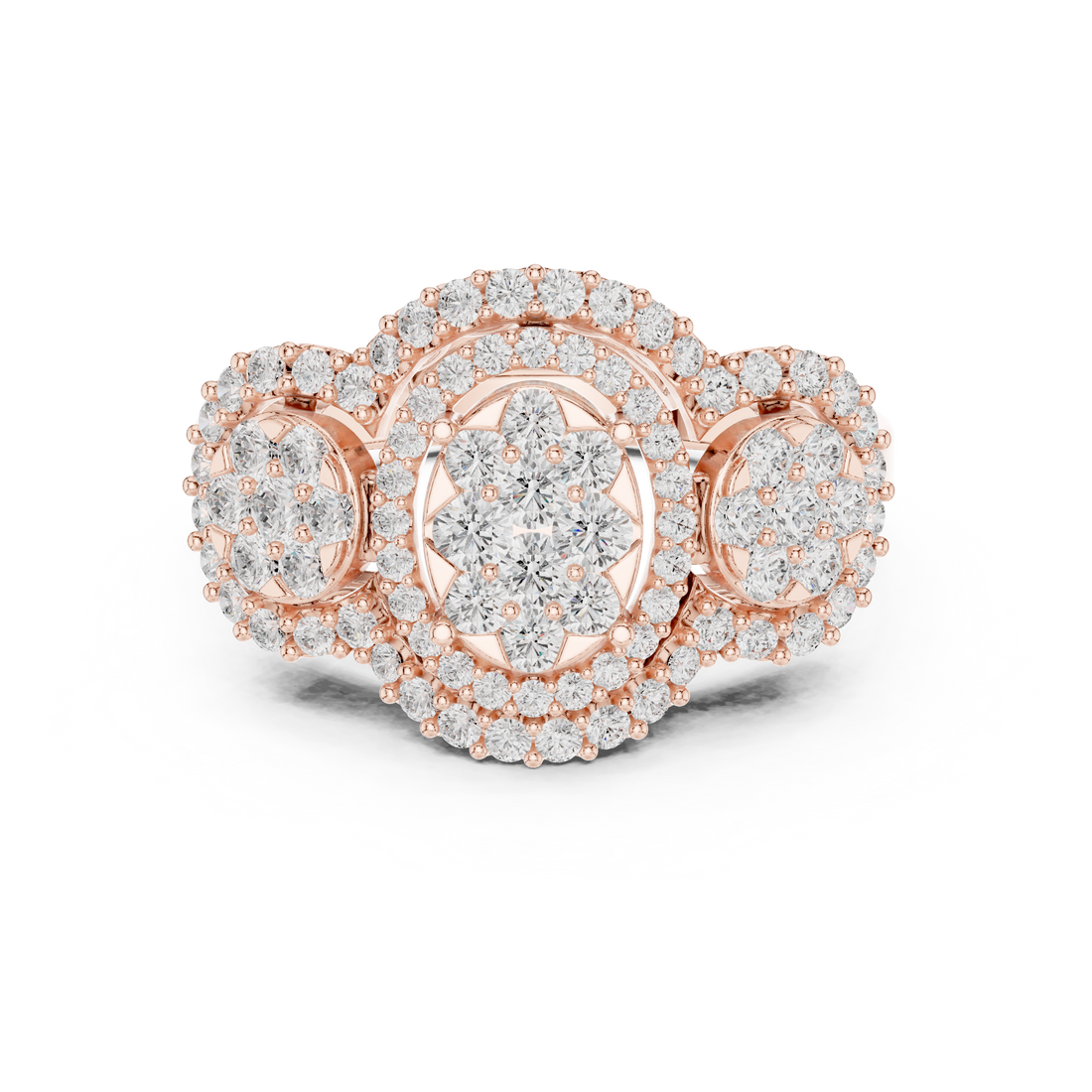 Halo Three Stone Ring - Round | DDLR-453 - Rose Gold