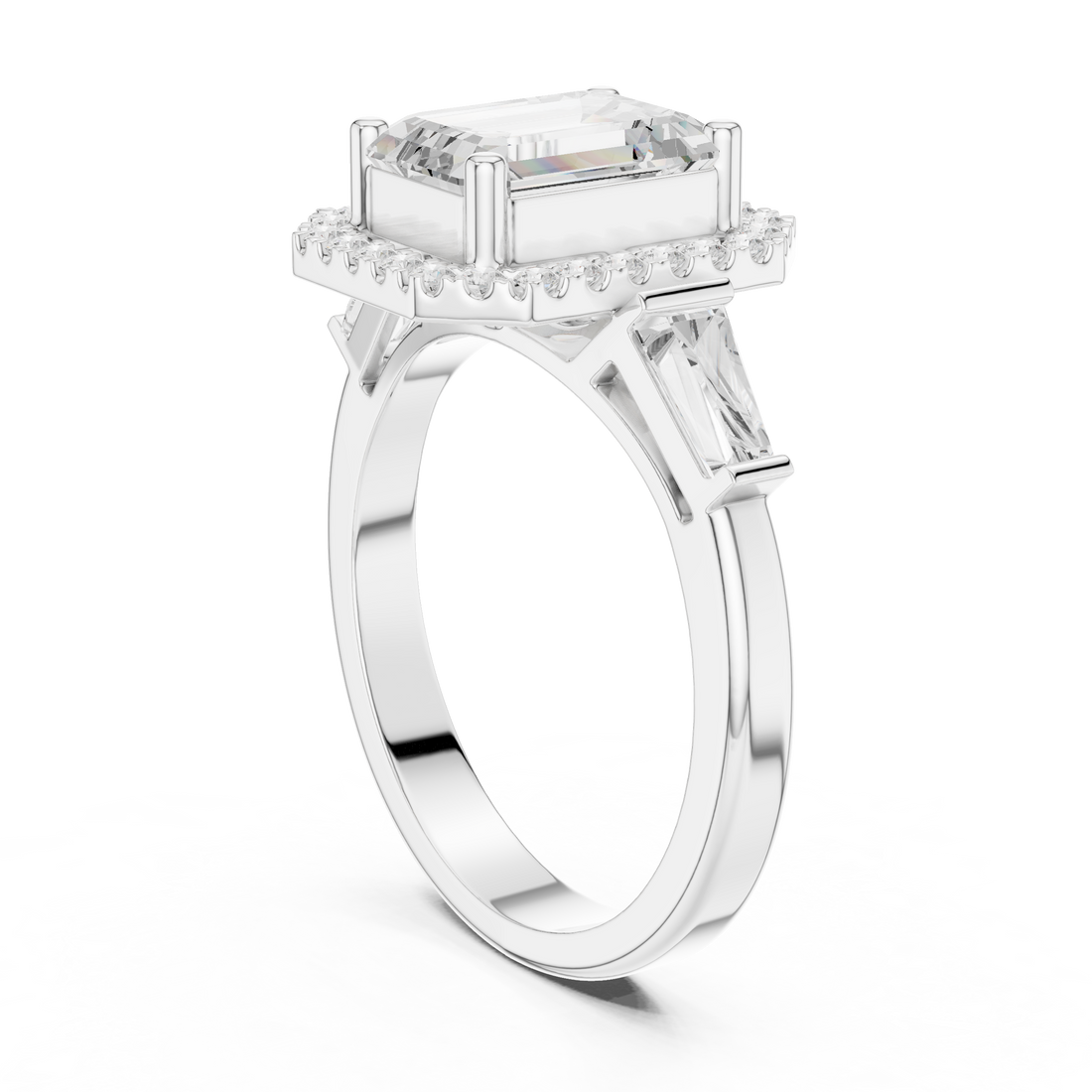 DDLR-342 EM - Halo Three Stone Emerald Ring - White Gold